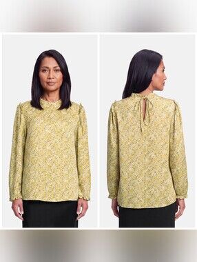 Horror Vacui 100% Silk Blouse Long Sleeve Yellow Floral Size Medium